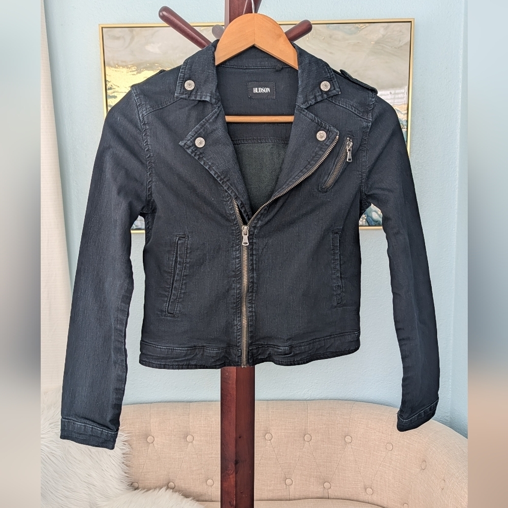 Hudson Crop Denim Moto Dark Blue Jacket Woman's - Picture 8 of 13